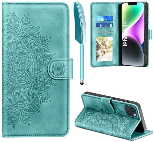 EASDNB Lederhülle für iPhone 14 Hülle, Handyhülle für iPhone 14 Flip Wallet PU Leder Case [Kartenfach] [Magnet] [Ständer] Prägung Klapphülle Schutzhülle für iPhone 14, Grün