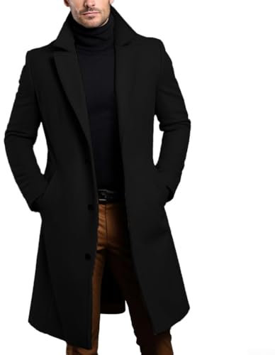 Lastdaytime Men's Luxury Black Trench Coat, Single Breasted Long and Warm Overcoat (L Black)