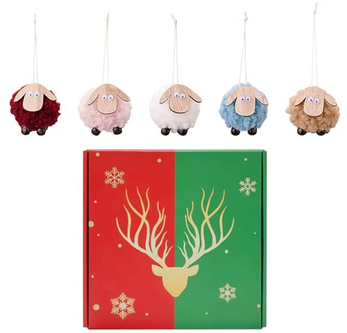 DeryArcle 5 Stücke Baumschmuck Schafe Weihnachten,Filz Tannenbaumschmuck Anhänger Set,Weihnachtsanhänger Weihnachten Geschenke mit Geschenkbox,Christbaum Deko für Party Weihnachtsbaum(5 Schafe)