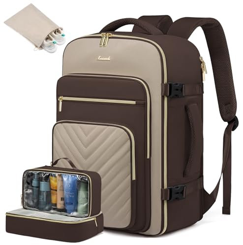 LOVEVOOK Reiserucksack Handgepäck Flugzeug, 40L Rucksack Damen Groß, Wasserdicht Laptop Rucksack 17 Zoll mit Laptopfach, Travel Backpack Handgepäck Tasche für Reise Arbeit Wandern, Dunkel Kaffee