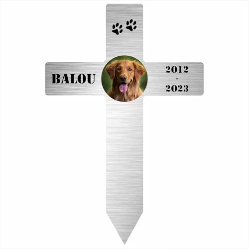INDIGOS UG - Grabschmuck Hund - 40 cm - Kreuz Edelstahllook - wetterfester Gedenkpfahl als Grabstecker - Text und Datum - individuell Schilder selbst gestalten mit Wunschname & Datum