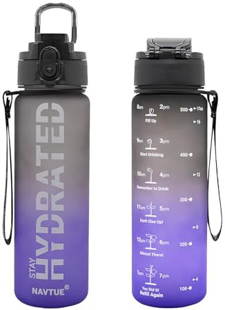 NAVTUE Trinkflasche, 500ml Wasserflasche BPA-frei, Zeitmarkierungen, Auslaufsicher Sport trinkflasche für Fitness, Radfahren, Büro, Laufen, Fitnessstudio, Yoga (SchwarzBlau Schnelltrink 500ml)