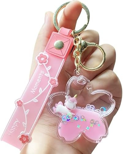 Porte-clés Licorne Kawaii Liquide Quicksand avec Fleur de Cerisier Flottante Romantique