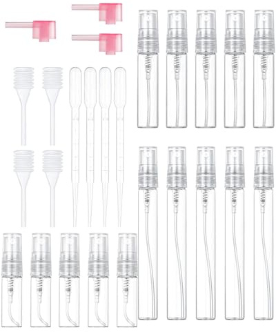 TPZORJX 15Pcs Vaporisateur Parfum Vide Rechargeable Mini Bouteille Spray Verre 3ml 5ml 10ml Mini Flacon Parfum Vide Voyage en Verre avec Pipettes et Tête de Pressage Portable Flacons Atomiseurs