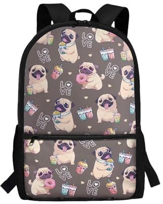 Showudesigns Kinder-Rucksack für Jungen 6–8 8–12 Mädchen, Mittelschultasche mit Wasserflaschenhalter, Mops, Grau, Einheitsgröße