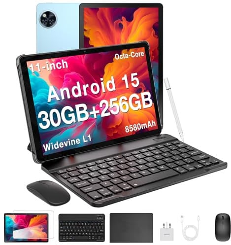 DOOGEE U11 Pro 2025 Newest Tablet 11'' Android 15 30GB+256GB/2TB Octa-Core, 90Hz Display, 8580mAh, 1080P Android Tablets, Widevine L1, BT5.0+5G WiFi, Tablet with Pen, Keyboard, Mouse&Case-Blue