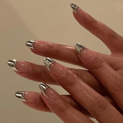 Silver French Tip Press on Nails Almond Medium Nude Pink Acrylic False Nails with Elegant Design Reusable Glossy Full Cover Removable Glue on Nails for Women Girls Daily Wear 24Pcs