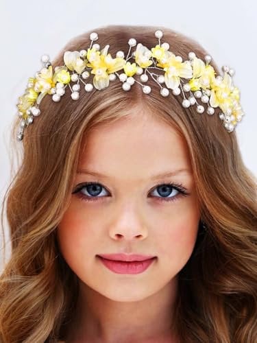IYOU Blumenmädchen Stirnband Gelb Blumen Hochzeit Kopfschmuck Perle Braut Kommunion Haarschmuck für Mädchen