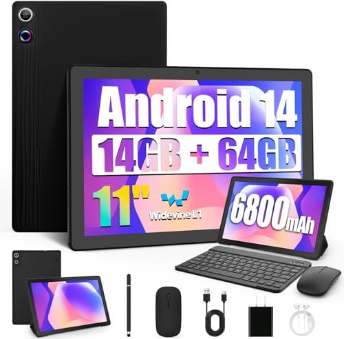 Hakaug Tablet 11 Inch Android Tablets 14GB RAM 64GB Storage (TF 1TB) with Keyboard丨Mouse丨Tablet Case丨Headphone丨Stylus 丨 6800mAh丨Wi-Fi 6丨 Dynamic Halo Display丨Widevine L1丨Black