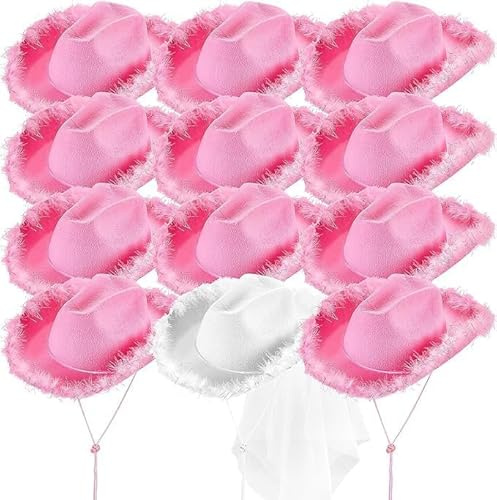 SWHCM 12 Stück Cowboyhut und Schleier Junggesellinnenabschied, Cowgirlhut Hochzeit Brautparty Dekoration, Brautgeschenk, Country-Western Neuheit (Weiß, Rosa)