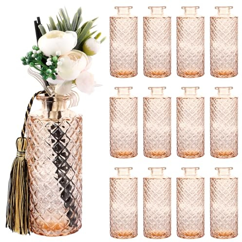 LDXDRU Vase Klein Deko 12-Teilig, Bernsteinfarbene Diamant-Vasen Deko, Vintage Vase Glas, Blumenvase für Tischdeko, Mini Vasen Set, Hochzeits deko, Diamant Knospen vasen, Teelichtgläser, 13cm Hoch