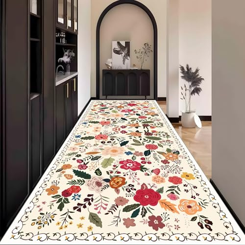 Waazgle Läufer Teppich Flur küche Schlafzimmerteppich Modern Bunt Waschbar | 60x400cm Waschbar rutschfest Lang küche Wohnzimmerteppich Blumen Meterware für Teppichläufer Flurläufer Esszimmer Korridor