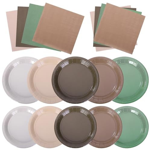 Nenjindz 60PCS Colorful Paper Plates Brown Sage Green Forest Animal Theme Plates Disposable Plates Napkin Set for Birthday Party Baby Shower Decorations Neutral Wedding Bridal Shower Party Supplies