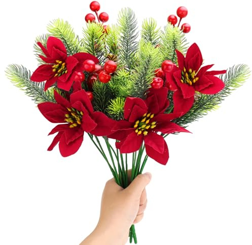 BINYI Künstliche Tannenzweige mit Tannenzapfen Weihnachtsstern Beerenzweig 4 Stück Tannengrün Künstlich Tannenzapfen Deko Roten Beeren Wie Echt Weihnachtsgesteck Kunstblumen Winter Weihnachtsblumen