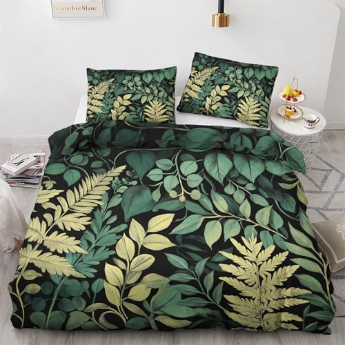 Generisch Farn Bettwäsche 200x220 cm, Blatt Pflanzen Botanisch Bettwäsche-Sets 3 Teilig, Bettbezug + 2 Kissenbezüge 80x80cm Weich Mikrofaser mit Reißverschluss M&-69