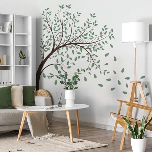 Sticker mural thème nature avec grande branche d'arbre verte et papillon - Pour espaces intérieurs comme le salon et la chambre à coucher, réutilisable et résistant à la décoloration (A)