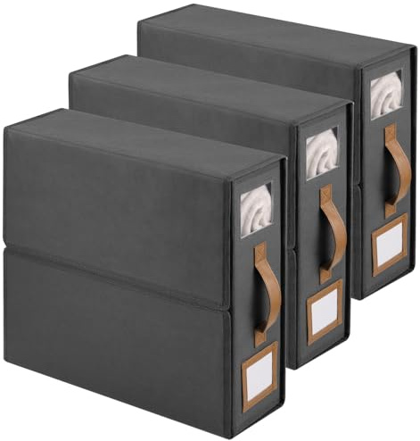 Zocipro 3 Stück Bettwäsche Aufbewahrung Organizer 38 x 32 x 11,5 cm | Faltbare Bettlaken Organizer Box mit Griff und Sichtfenster, Aufbewahrung für Laken, Bettbezüge, Decken und Handtücher, Grau
