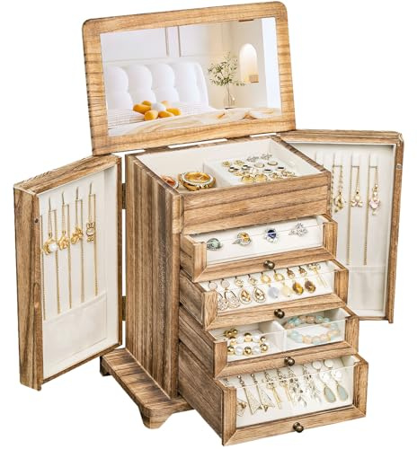 amoard Large Jewelry Box & Organizer for Women, Wooden Jewelry Storage with 4 Transparent Drawers, Holds Necklaces, Rings, Bracelets, Earrings and Watches(Brown)