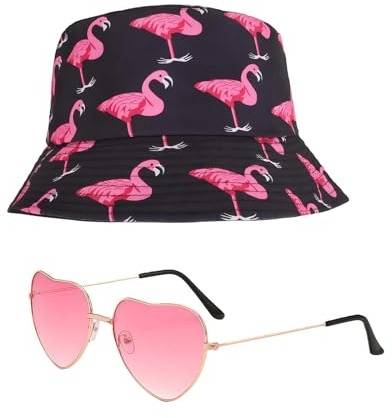 SqurHiet Set da 2 pezzi fenicottero, cappello da pescatore nero con cuore rosa, divertente Maiorca Party outfit per spiaggia e carnevale, accessori Malle per abbigliamento hawaiano, uomo e donna