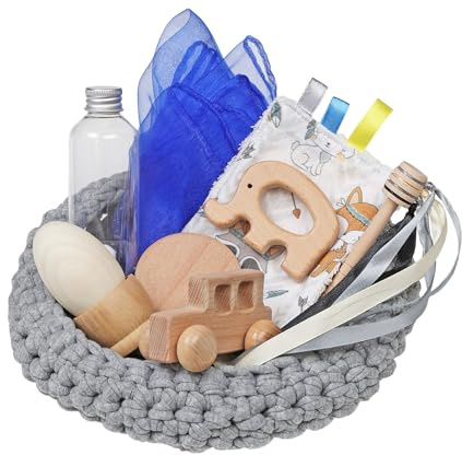 Cesto de los Tesoros Montessori para Bebés (4-18 Meses) – Juguete Sensorial Hecho a Mano con Materiales Naturales – Juego Educativo de Estimulación y Desarrollo – Regalo Bebé Original - Color Gris