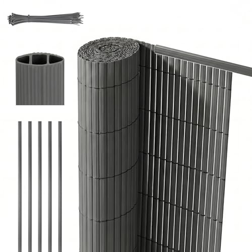 Sekey PVC Sichtschutzmatte mit Abdeckprofil & Kabelbindern - 90x400cm Doppelte Verstärkung Innen, Balkon Sichtschutz Sichtschutzzaun Windschutz Wasserdicht ohne Bohren für Balkon Garten, Grau