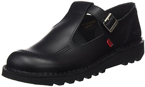 Kickers Women's Kick T Bar Black Leather School Shoes | Smart Everyday School Look | Everyday Comfort Fit, Cushioned for All-Day Wear, Black, 5 UK