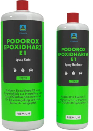 Epoxidharz mit Härter | 1,5 kg PODOROX E1 | glasklar und geruchsarm | Zum Laminieren und Gießen | glasklar und transparent | Komplett für Anfänger und Profis | Epoxidharz Resin Set | Epoxyharz|