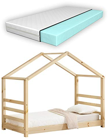 [en.casa] Kinderbett + Matratze mit Lattenrost und Gitter 80x160cm Hausbett Holz Bettenhaus Bett Jugendbett