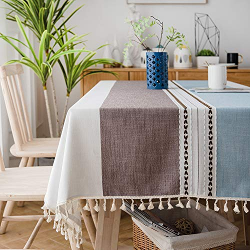 SUNBEAUTY Tischdecke 140x180 Abwaschbar Leinen Tischtuch Landhausstil Baumwolle Tischwäsche Rechteckig mit Quasten für Home Küche Speisetisch Dekoration