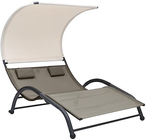 vidaXL Doppel Sonnenliege mit Sonnendach Doppelliege Gartenliege Liege Relaxliege Gartenmöbel Strandliege Freizeitliege Textilene Taupe