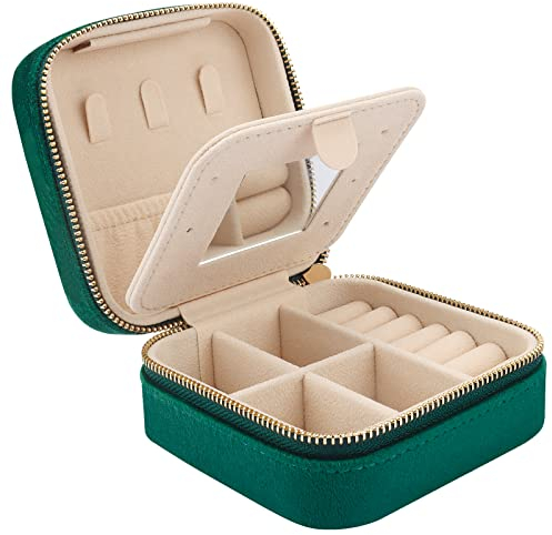 Casiwaft Kleines Reise Schmuckkästchen Samt mit Spiegel, Kleine Schmuckkästchen Organizer für Mädchen Frauen, Mini Schmuck Organizer Aufbewahrung für Ringe Ohrringe Halskette Armbänder, Dunkelgrün