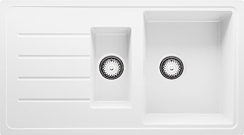 PRIMAGRAN Fregadero Cocina Blanco 90x50cm, Granito 1,5 Senos + Sifón, Sobre encimera al mueble 60cm - Copenhague Duo
