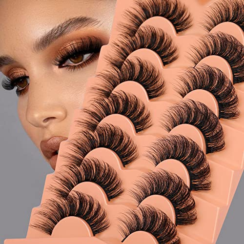 JIMIRE Faux Mink Lashes Fluffy Cat Eye 18MM Long Fake Lashes Bulk Full Volume D Curl False Eyelashes 7 Pairs Pack Look Like Extensions