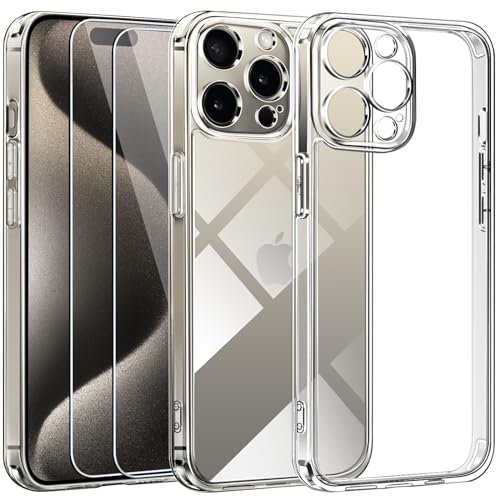 ivoler 3 in 1 Funda Compatible con iPhone 15 Pro 6.1 Pulgadas con 2 Piezas Cristal Templado, [Nunca-Amarillo] [Protección Militar] [Protección de Cámara] Transparente Anti-Choque Carcasa Protectora