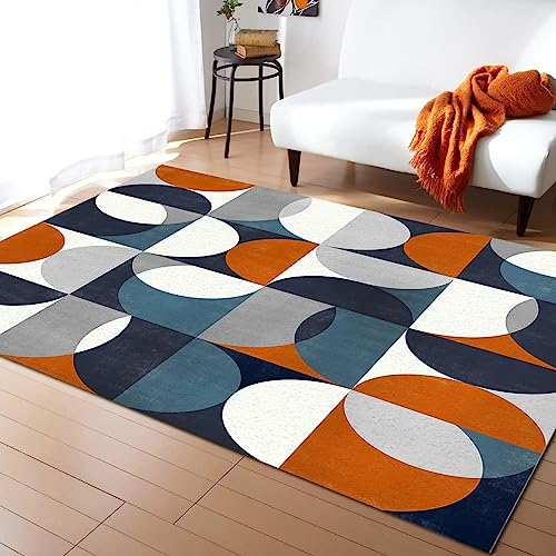 TEMLAN Geometrische Kunst Der Mittelzeit Teppiche Gegend, Blau Orange Weiß Grau Halbkreis Flauschiger Teppich für Küche und Balkon Dekor Schlafzimmer Wohnzimmer Bodenteppich 120 x 180cm