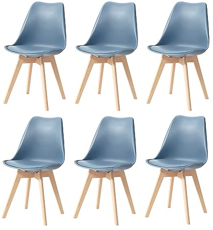 EGOONM Juego de 6 Sillas de Comedor Escandinavas, Sillas de Cocina Retro Tapizadas con Patas de Madera Maciza de Haya (Azul Oscuro)