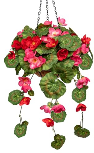 Briful Kleine Geranien, künstliche Blumen, Hängekorb, realistische Seidenranken, künstliche Begonien, 12,7 cm, Kokoskorb, für Zuhause, Bauernhaus, Balkon, Innen- und Außenbereich, Terrasse