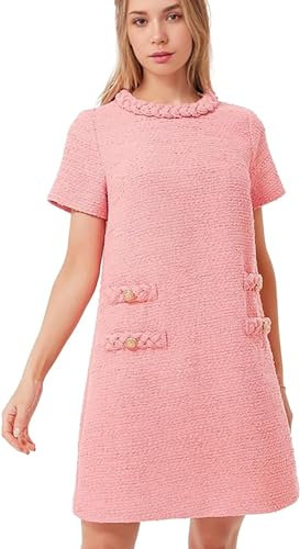 LJYAUTO Damen 60er Jahre Mod Kleid 2024 Tweed Elegant Formell Rundhals Minikleid Vintage Knopf Kurzarm A-Linie Kleider, rose, L