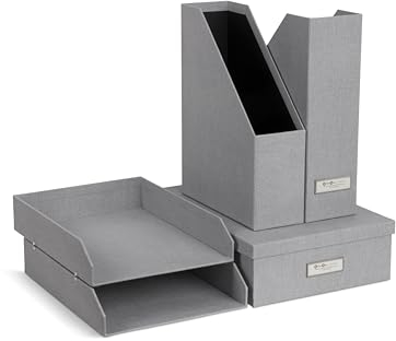 BIGSO HOLGER 5-teiliges Schreibtisch Set – Ordnungssystem mit 2 Stehsammlern, 2 Briefablagen und einer Box – Organizer aus Faserplatte und Papier in Leinenoptik – hellgrau