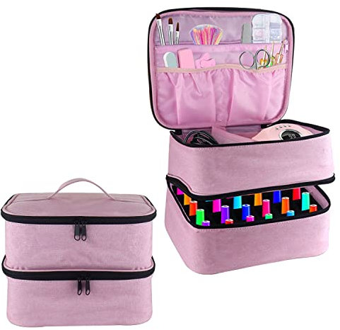 Nail Polish Carrying Case, Double-Layer Nail Polish Storage Bag- Fits Nail Dryer Lamp and 30 Bottles(15ml/0.5 fl.oz), Organizer Bag with Adjustable Dividers for Manicure Set (Pink)