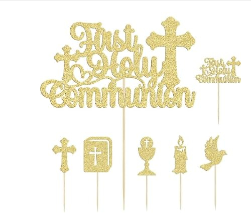 Cake Topper Comunion WISIRENT, 13pcs Espumoso Topper Tarta Comunión Paloma Decoracion Comunion Gold, Primera Comunion Cruz Decoración para Tartas de Comunión Apto para Comuniones, Confirmación