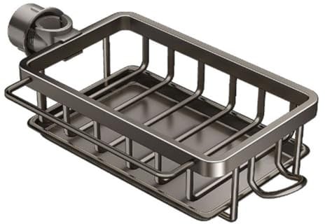 Kitchen Sink Faucet Organizer, Aluminum Dish Sponge Holder Sink Caddy, Sink Organizer Over Faucet, Hanging Storage Rack with Drip Tray for 0.7-1.1 Inch Round Water Pipe (Grey, Left)