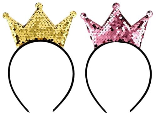 Sibba Sequin Crown Headband 2 Pcs Glitter Crowns Hair Band Gold Hair Hoop Pink Princess Hairbands Cute Clip Hair Styling Accessories Headwear for Women Birthday Party