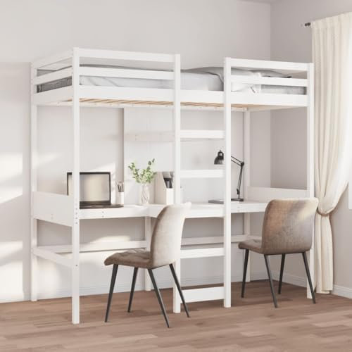 vidaXL Loft Bed Frame with Desk & Shelves - Solid Pine Wood, White, 90x190cm