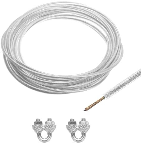 sourcing map 4mm (5/32 inch) Clear Vinyl Coated Wire Rope, 6m /20ft Galvanized Steel Cable Wire Rope with 2PCS M5 Loop Sleeves for String Light Hanging, Deck Railing, Garden Wire