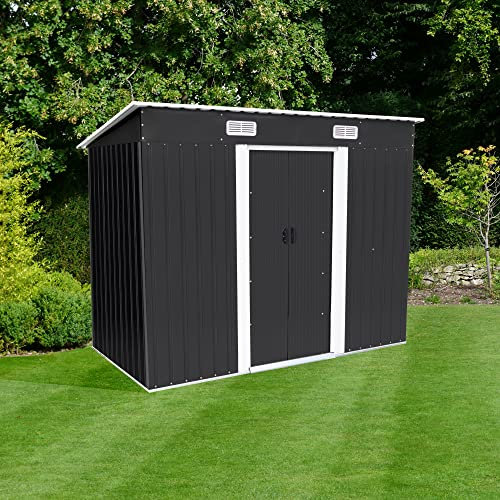 Garden Universe 8' x 4' Pent Roof Metal Shed, Hot-Dipped Galvanized Metal Panels, Tool Storage Shed, Sliding Doors, Grey
