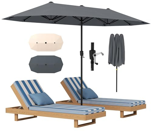 RELAX4LIFE Grand Parasol Double 4x2 M, Grand Parasol de Jardin Extérieur avec Manivelle, 12 Baleines, Toile Polyester Hydrofuge, Protection Solaire, Montage Facile pour Terrasse, Piscine (Gris)