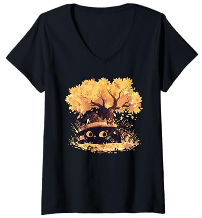 Femme Black Cat Fall Theme with Cat Witch Halloween Cat Witchy Cat T-Shirt avec Col en V