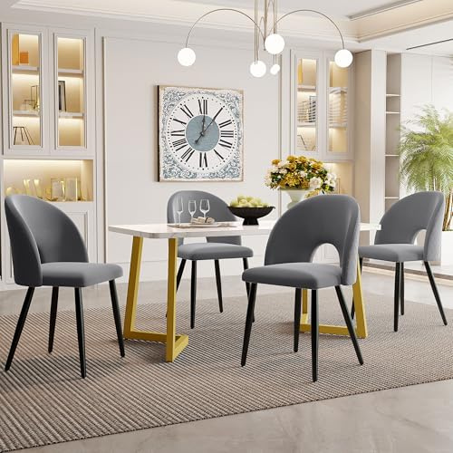 Rechteckiger Esstisch mit 4 Samt Stühlen Set Essgruppe 5-teilig für 4 Personen Esszimmerstuhl mit Diamantmuster Verstellbare Stuhlbeine für Esszimmer Wohnzimmer Gold + Grau