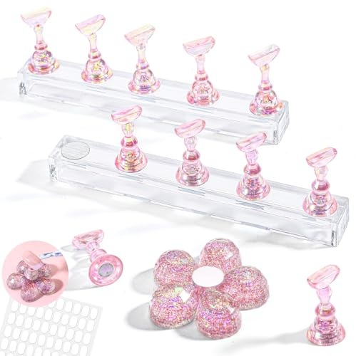 2 Set Nail Stand Press on Magnetic Nail Holder Kit Acrylic Fake Nails Art Display Stand Flower Practice Stands Design Tools for DIY Painting Nails Hand Salons Homes Professional Techs Supplies